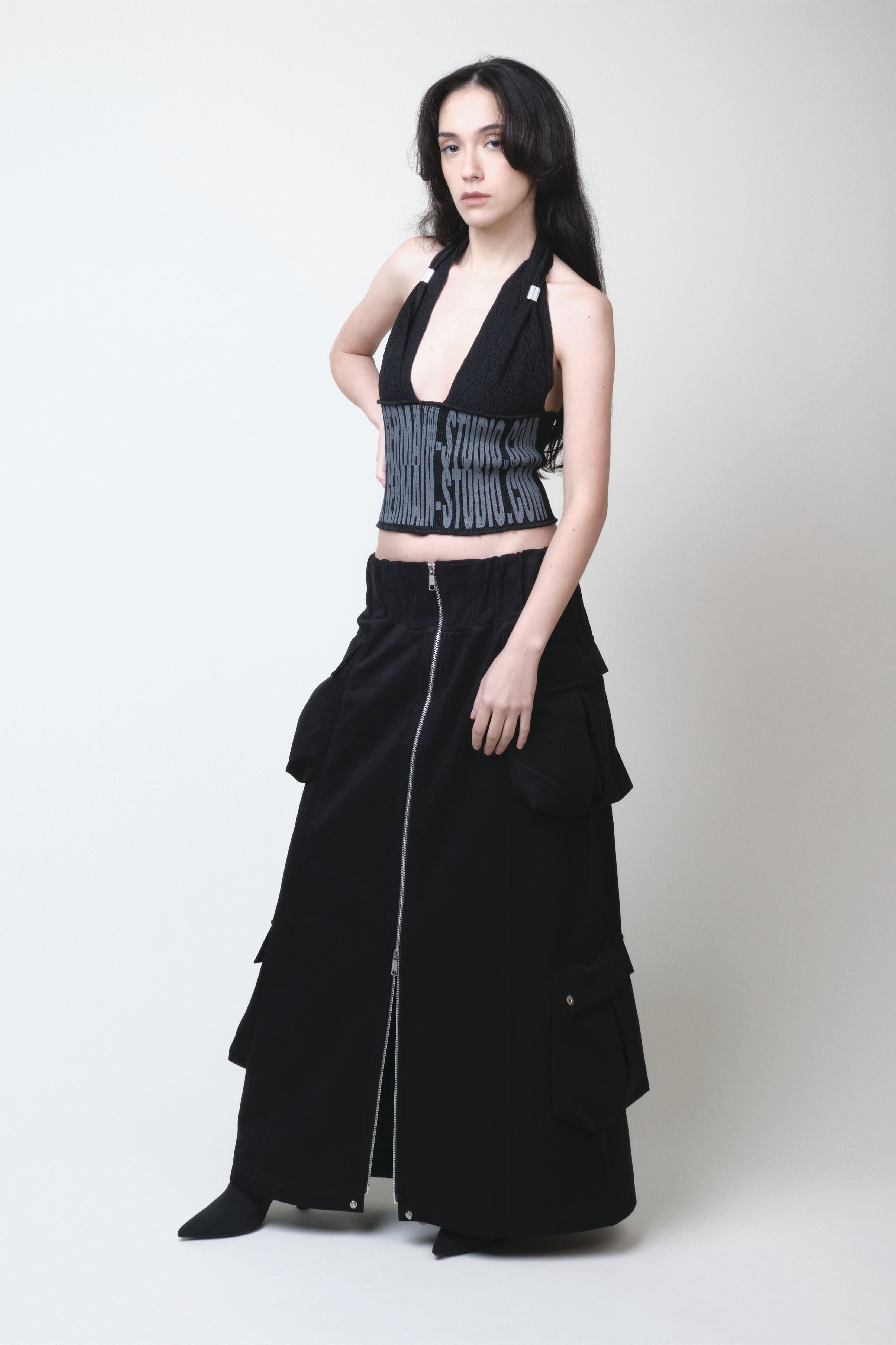 CARGO ZIPPER SKIRT BLACK COTTON