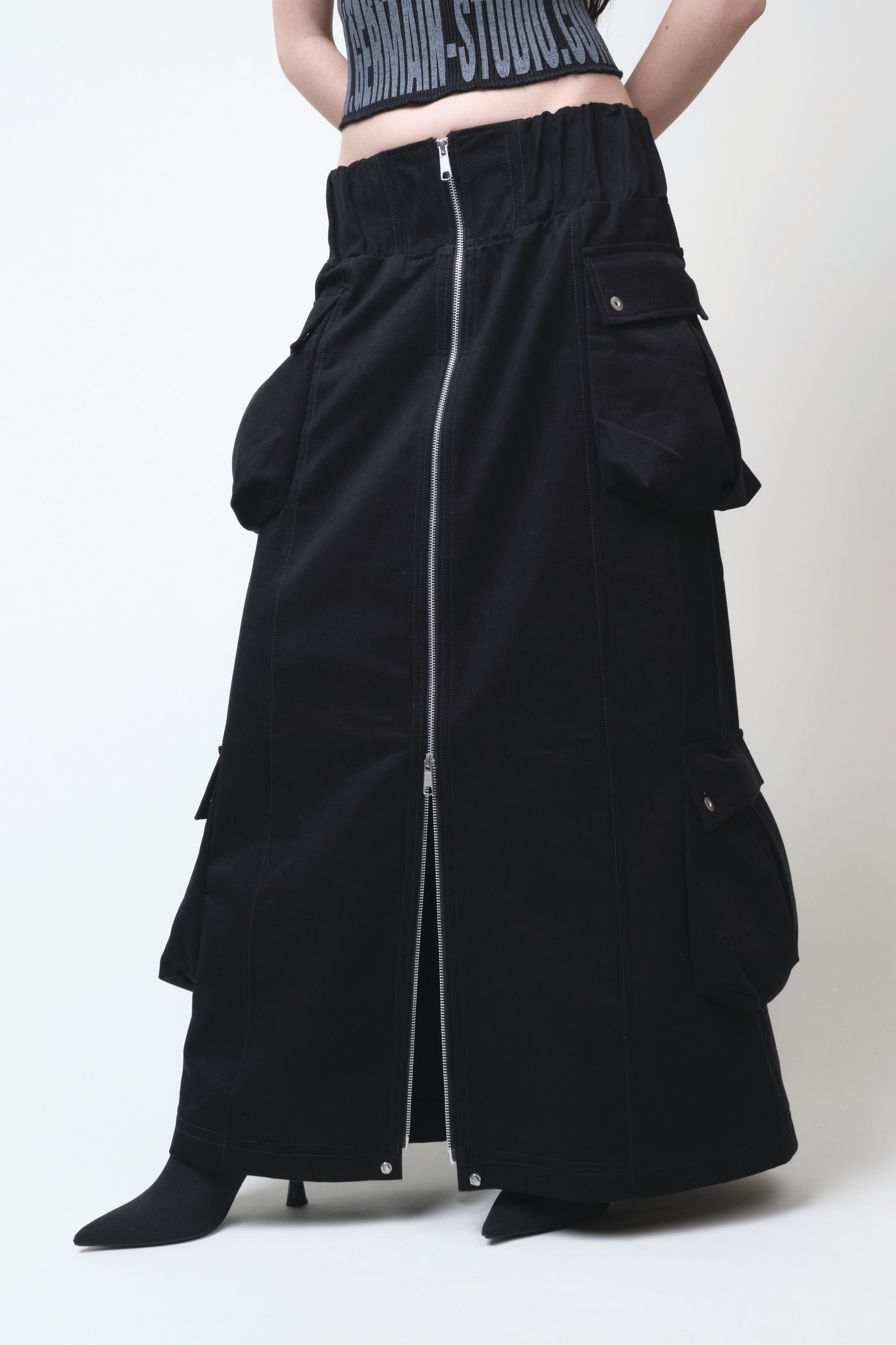 CARGO ZIPPER SKIRT BLACK COTTON