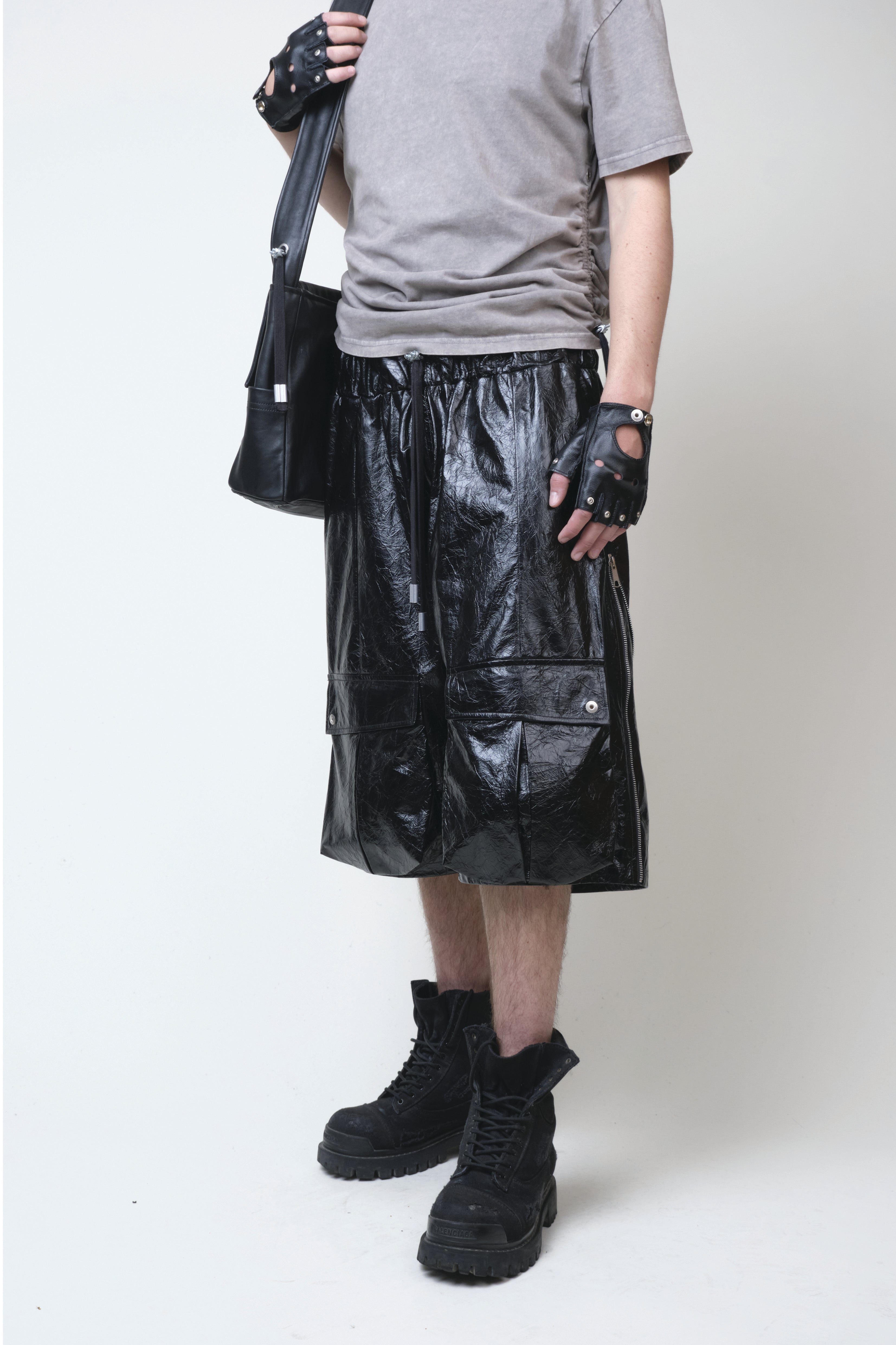 CRUMPLED LEATHER CARGO BOXING SHORT